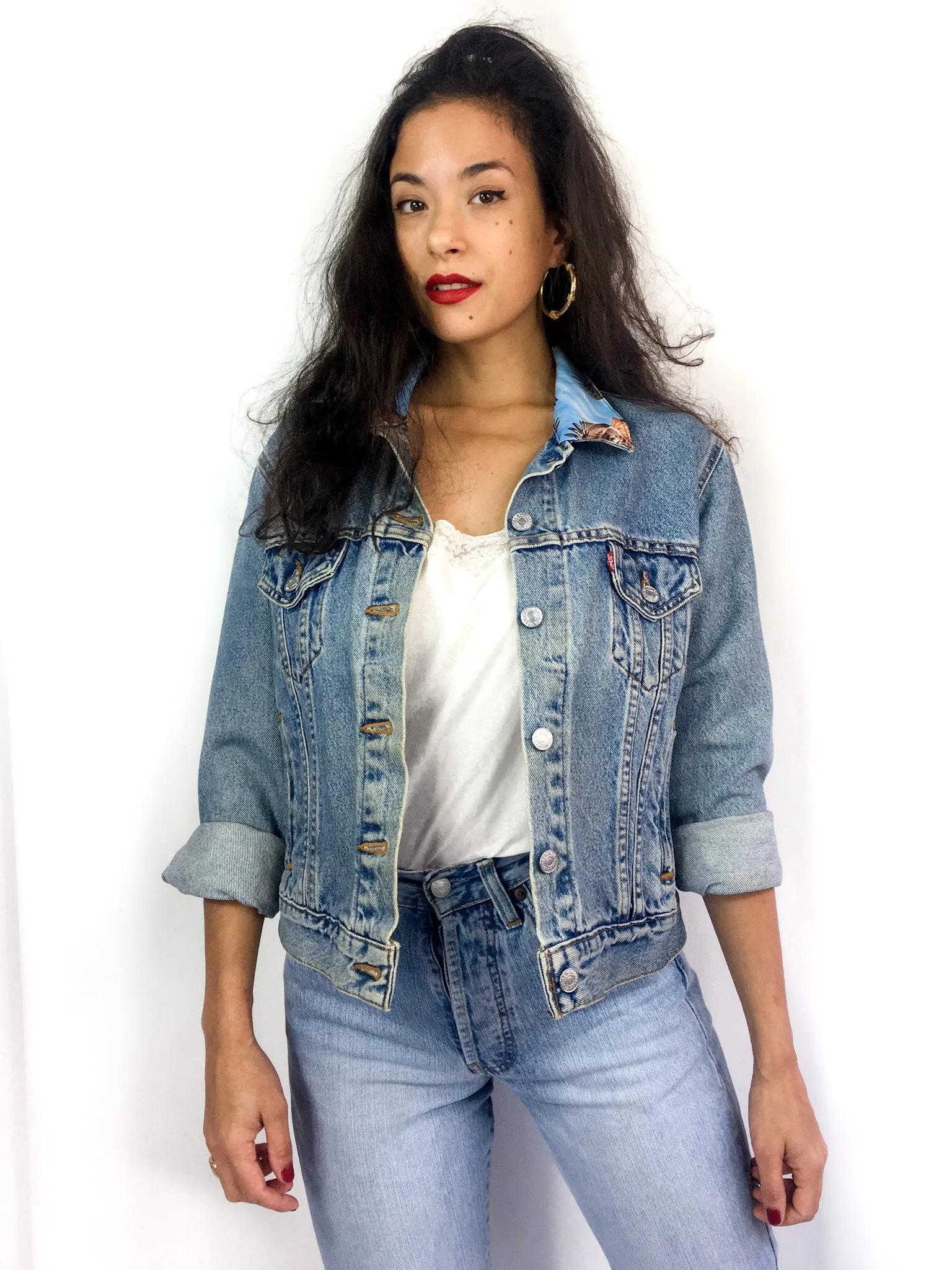 80s vintage up-cycled denim jacket, funky bird collar