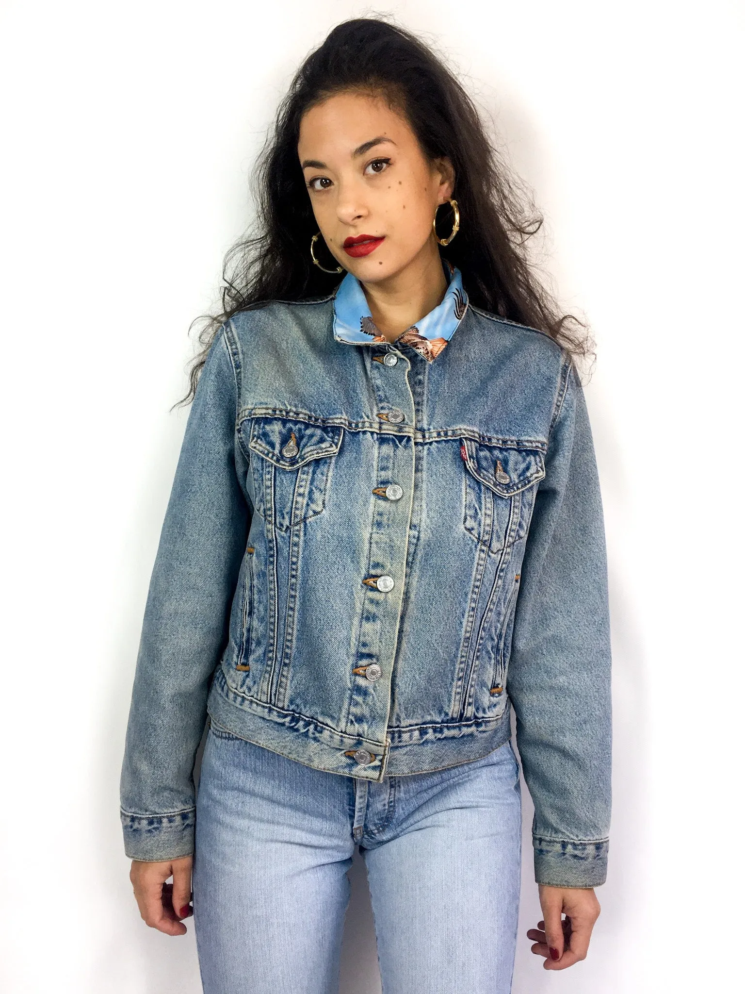 80s vintage up-cycled denim jacket, funky bird collar