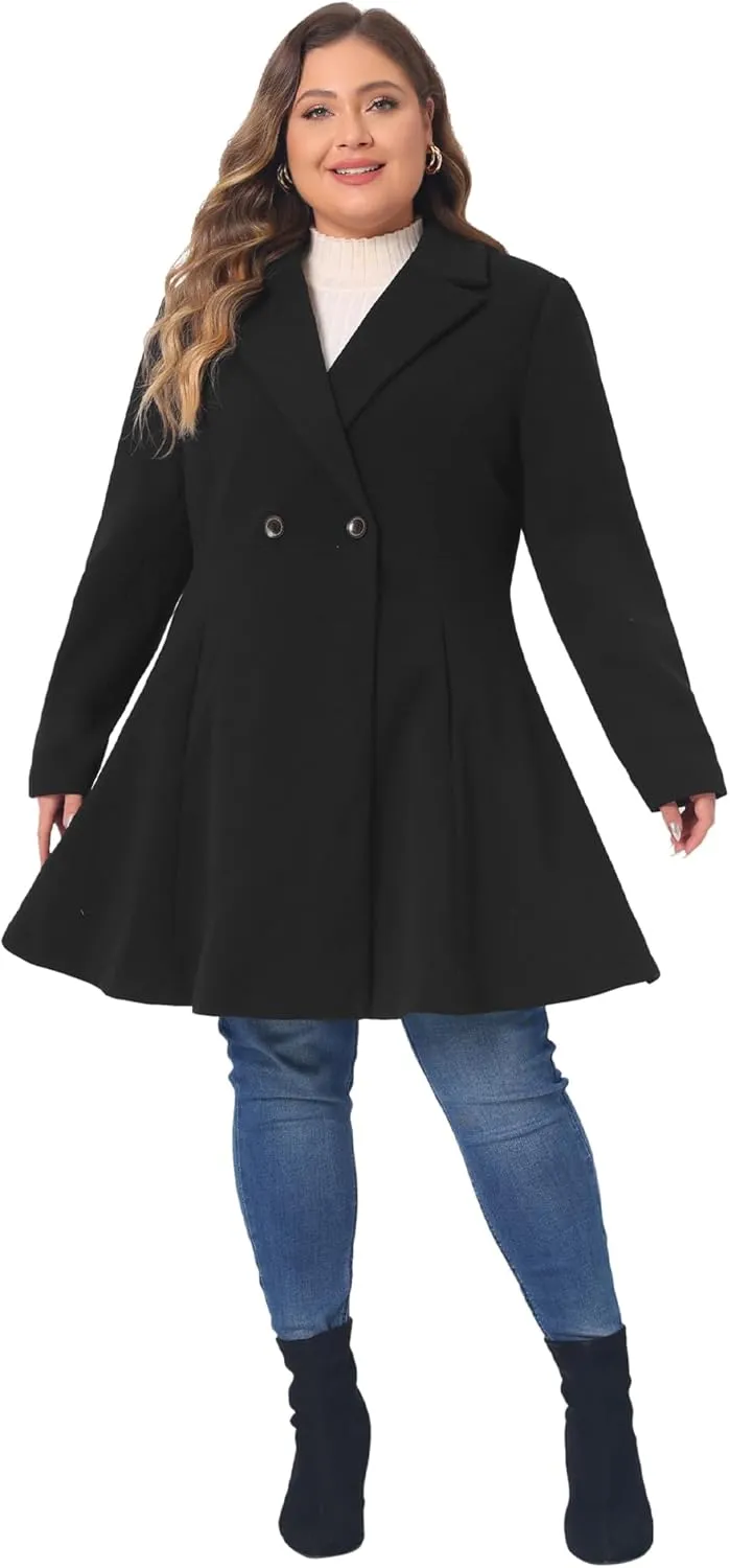 Agnes Orinda Plus Size Peacoat for Women Elegant A Line Notched Lapel Double Breasted Long Coat
