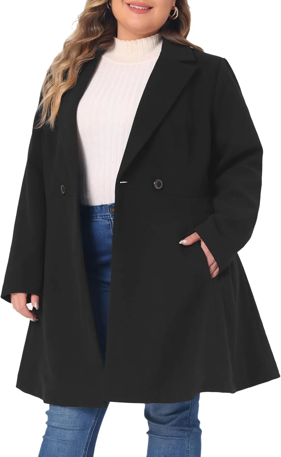 Agnes Orinda Plus Size Peacoat for Women Elegant A Line Notched Lapel Double Breasted Long Coat