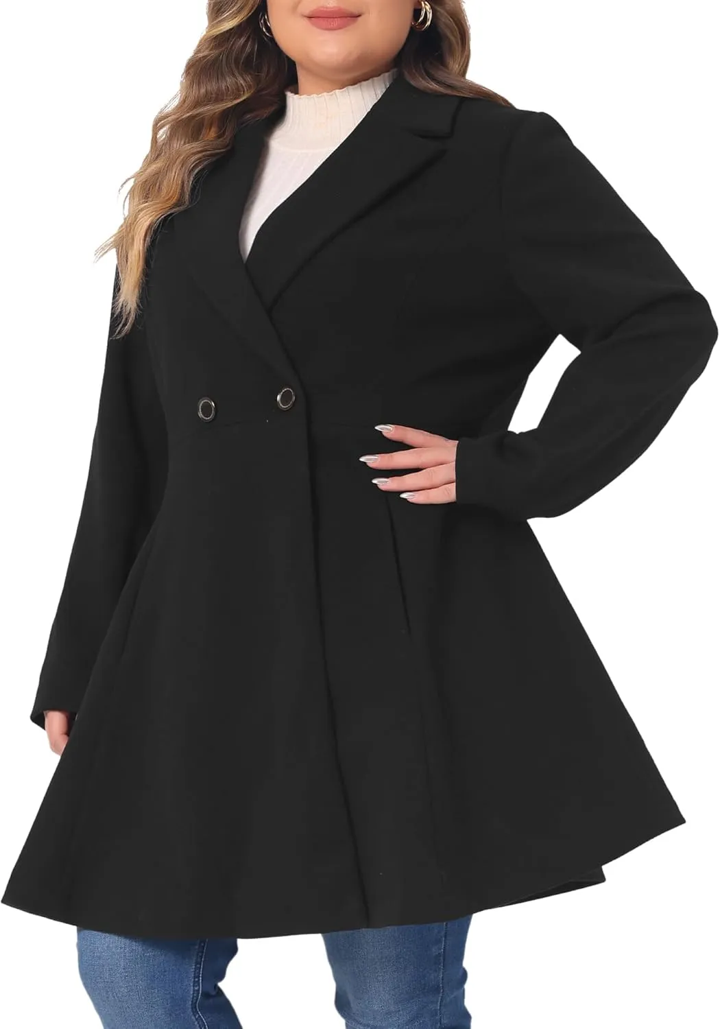 Agnes Orinda Plus Size Peacoat for Women Elegant A Line Notched Lapel Double Breasted Long Coat