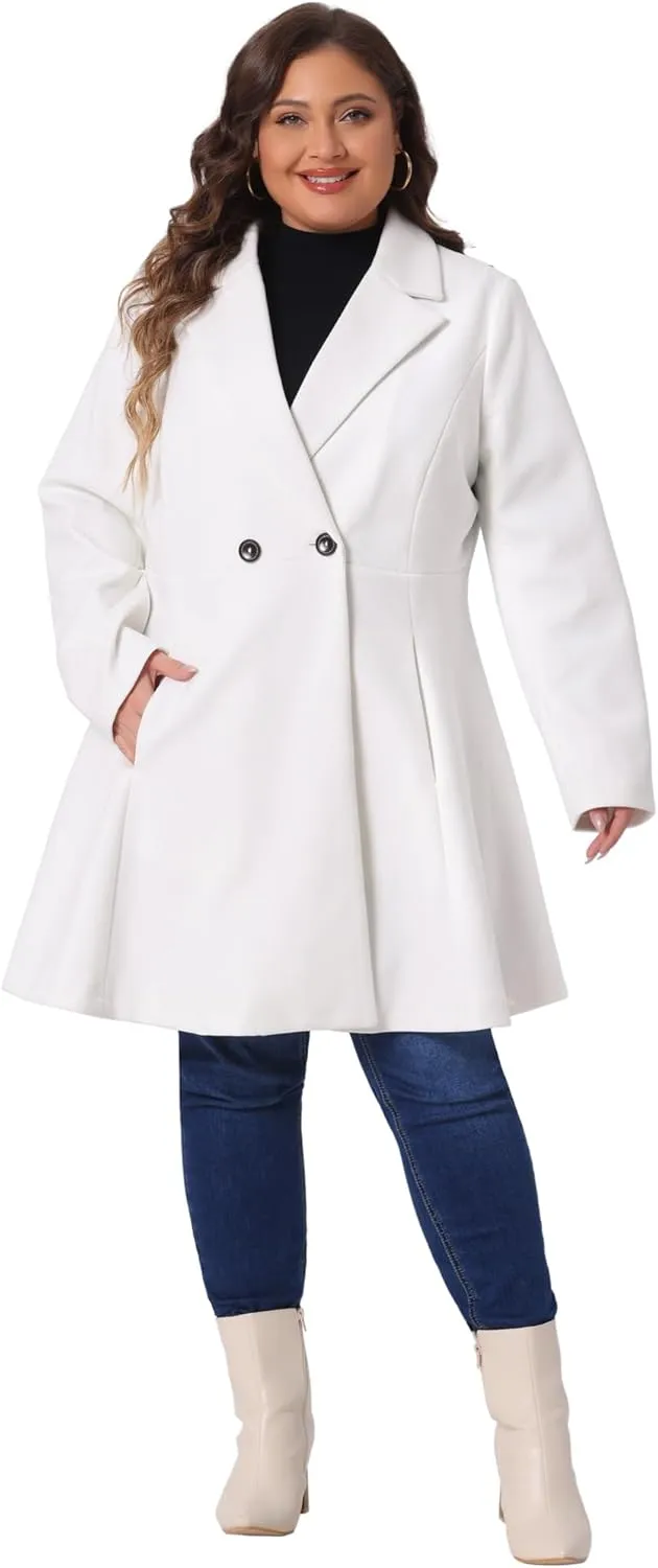 Agnes Orinda Plus Size Peacoat for Women Elegant A Line Notched Lapel Double Breasted Long Coat