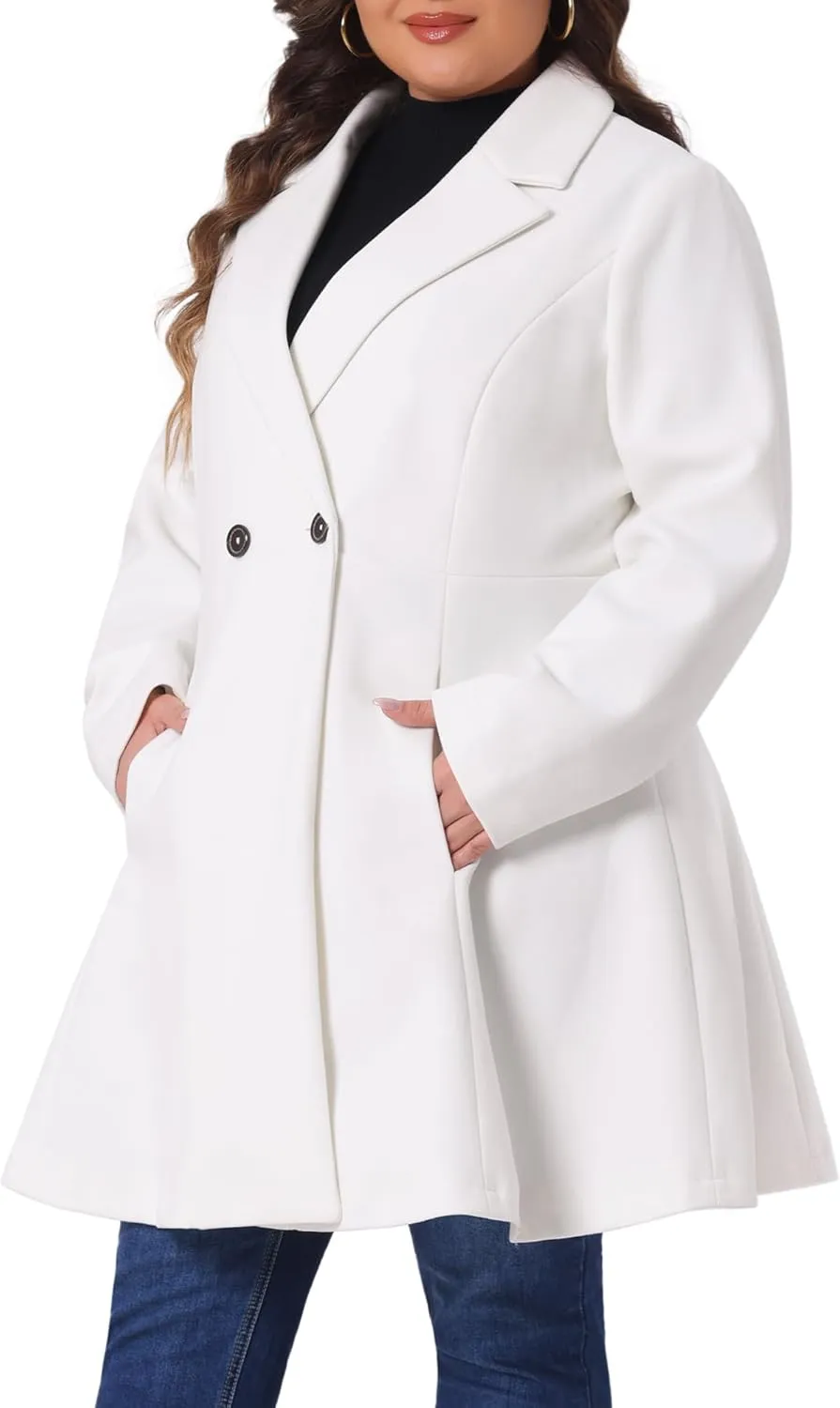 Agnes Orinda Plus Size Peacoat for Women Elegant A Line Notched Lapel Double Breasted Long Coat