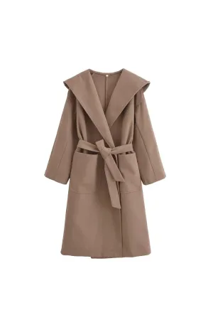 'Autum' Brown Cape-Style Hooded Coat with Belt