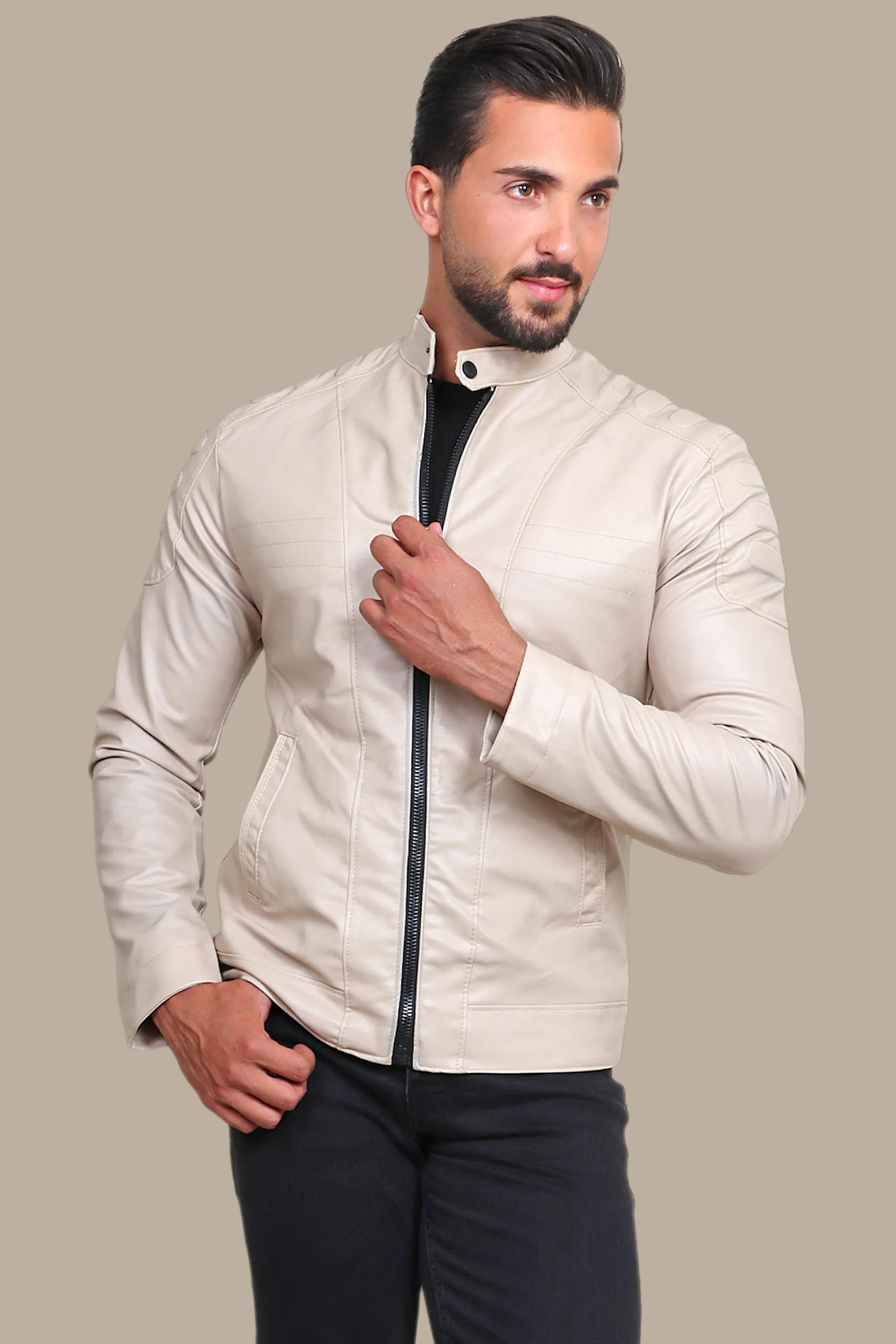 Beige Chic: Faux Leather Biker Jacket with Mao Collar