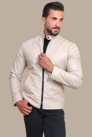 Beige Chic: Faux Leather Biker Jacket with Mao Collar