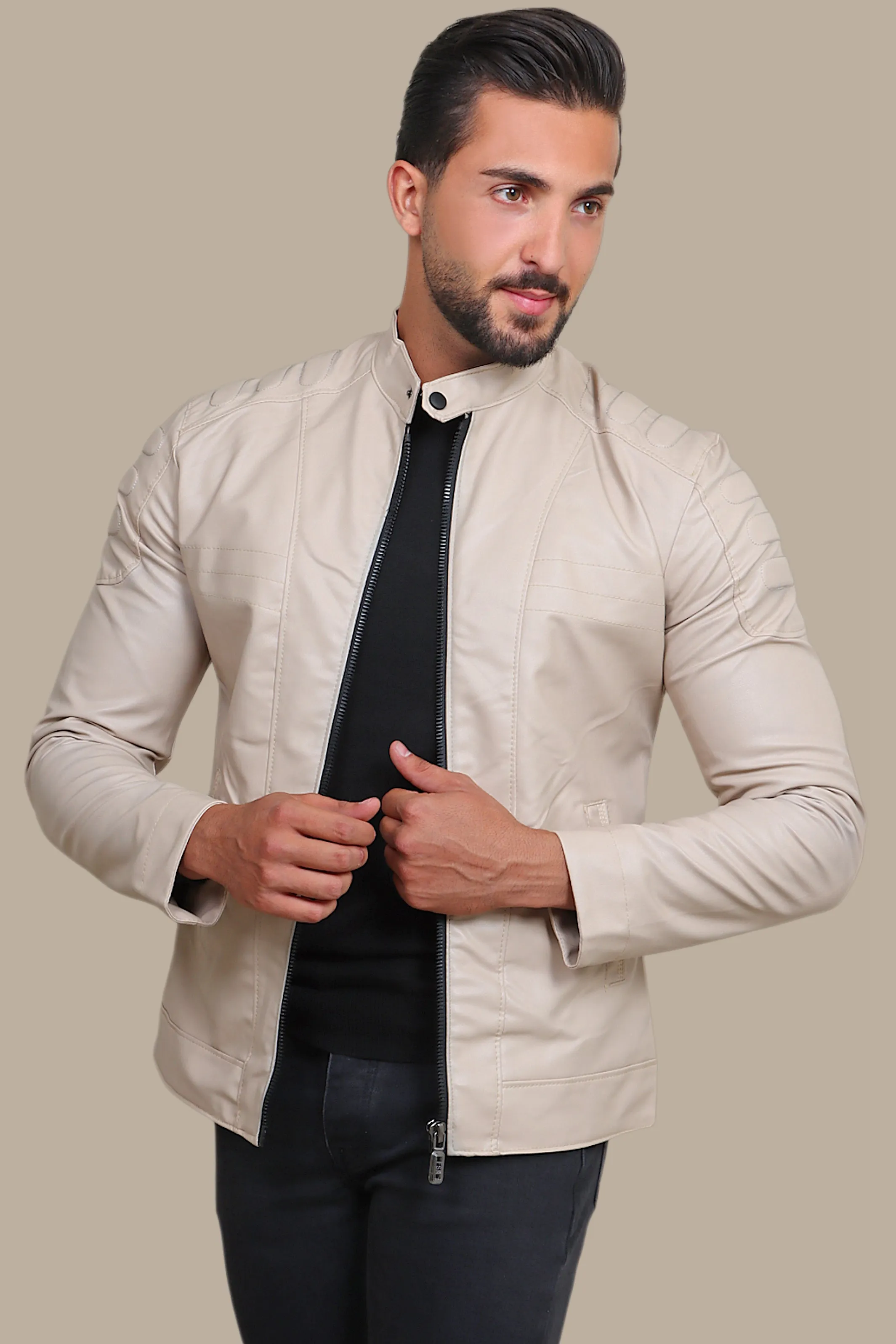 Beige Chic: Faux Leather Biker Jacket with Mao Collar