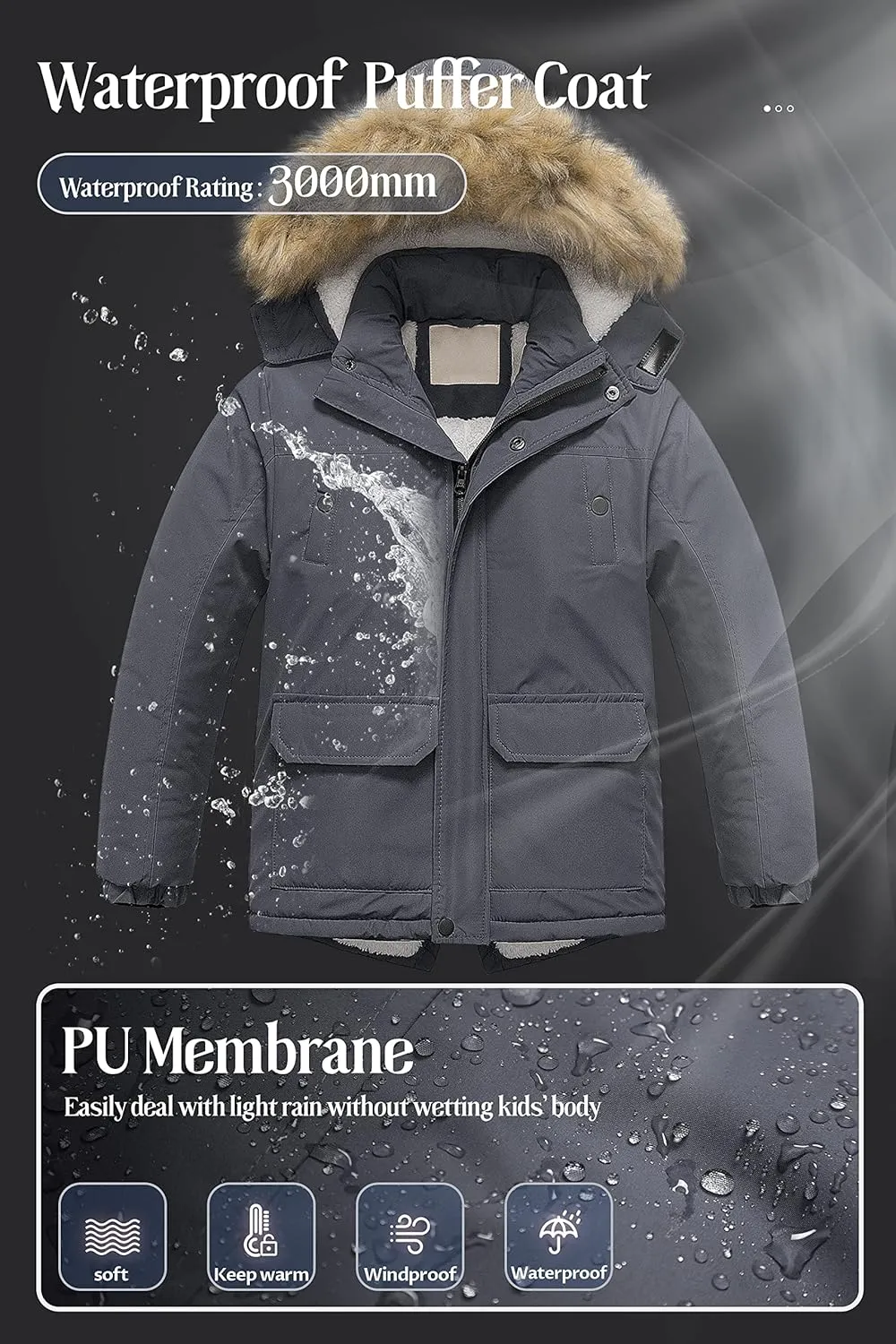Chrisuno Boy's Waterproof Winter Sherpa Parka Coat Med-Length Outerwear Jackets With Detachable Furry Hood