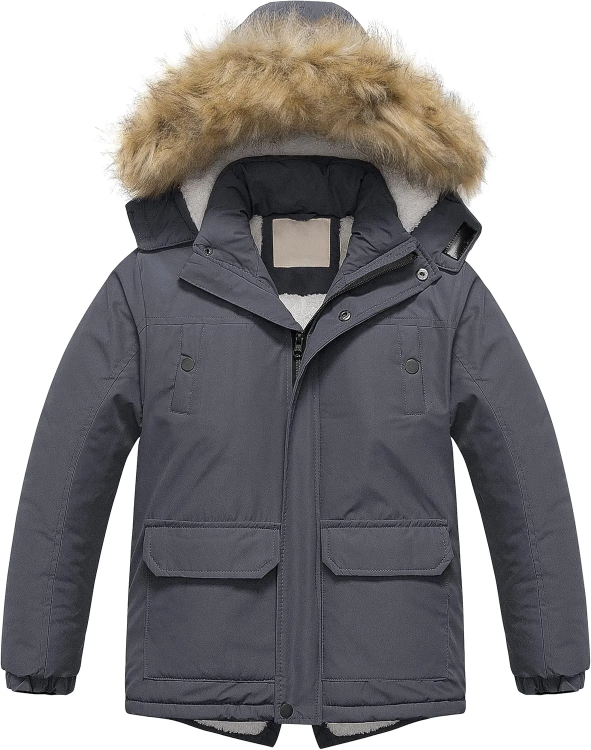 Chrisuno Boy's Waterproof Winter Sherpa Parka Coat Med-Length Outerwear Jackets With Detachable Furry Hood