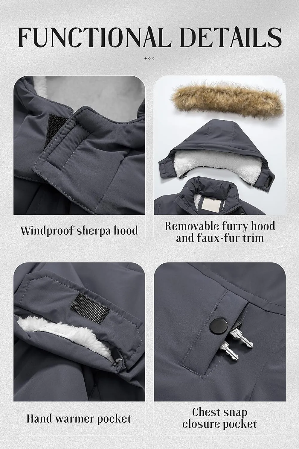 Chrisuno Boy's Waterproof Winter Sherpa Parka Coat Med-Length Outerwear Jackets With Detachable Furry Hood