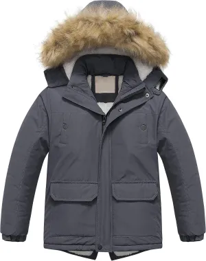 Chrisuno Boy's Waterproof Winter Sherpa Parka Coat Med-Length Outerwear Jackets With Detachable Furry Hood