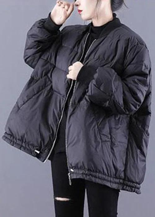 Classy Black Stand Collar Oversized Fine Cotton Filled Puffer Jacket Winter