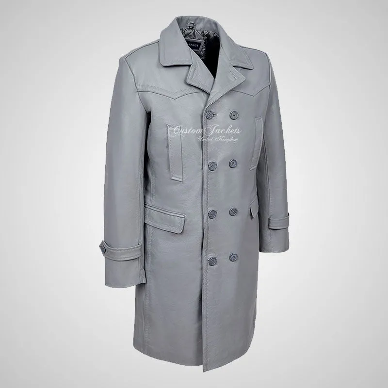 Copy of U-BOAT Double Breasted Long Military Style Leather Coat Grey