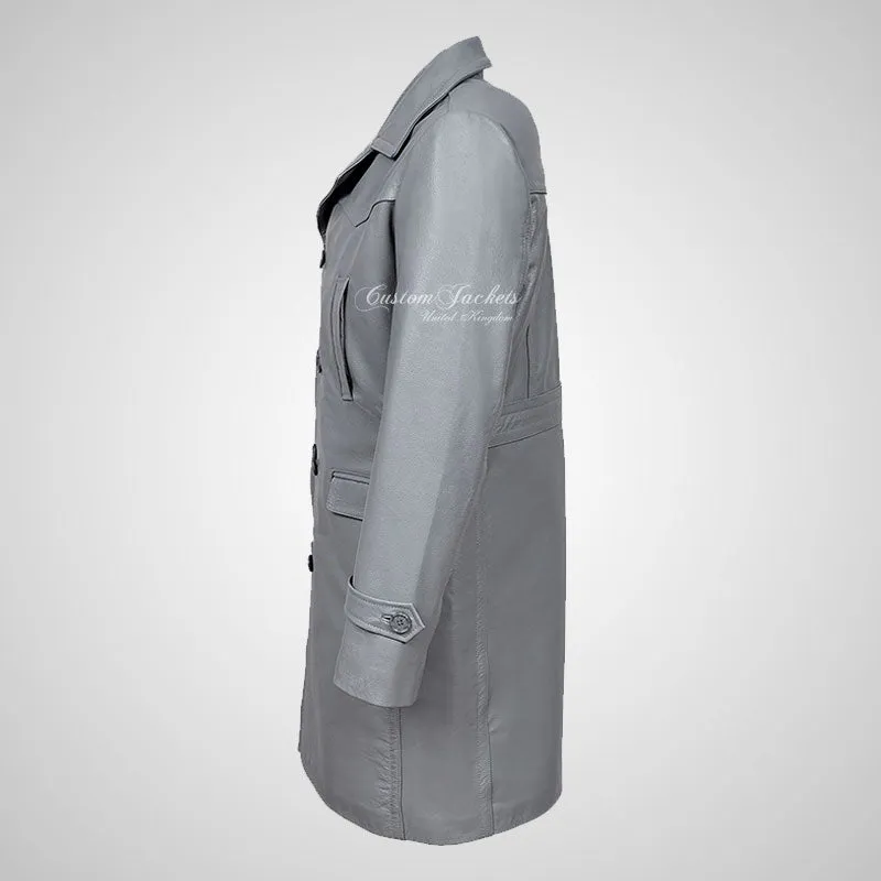 Copy of U-BOAT Double Breasted Long Military Style Leather Coat Grey