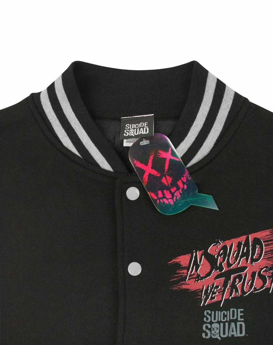 DC Comics In Squad We Trust Graphic Mens Black Varsity Jacket