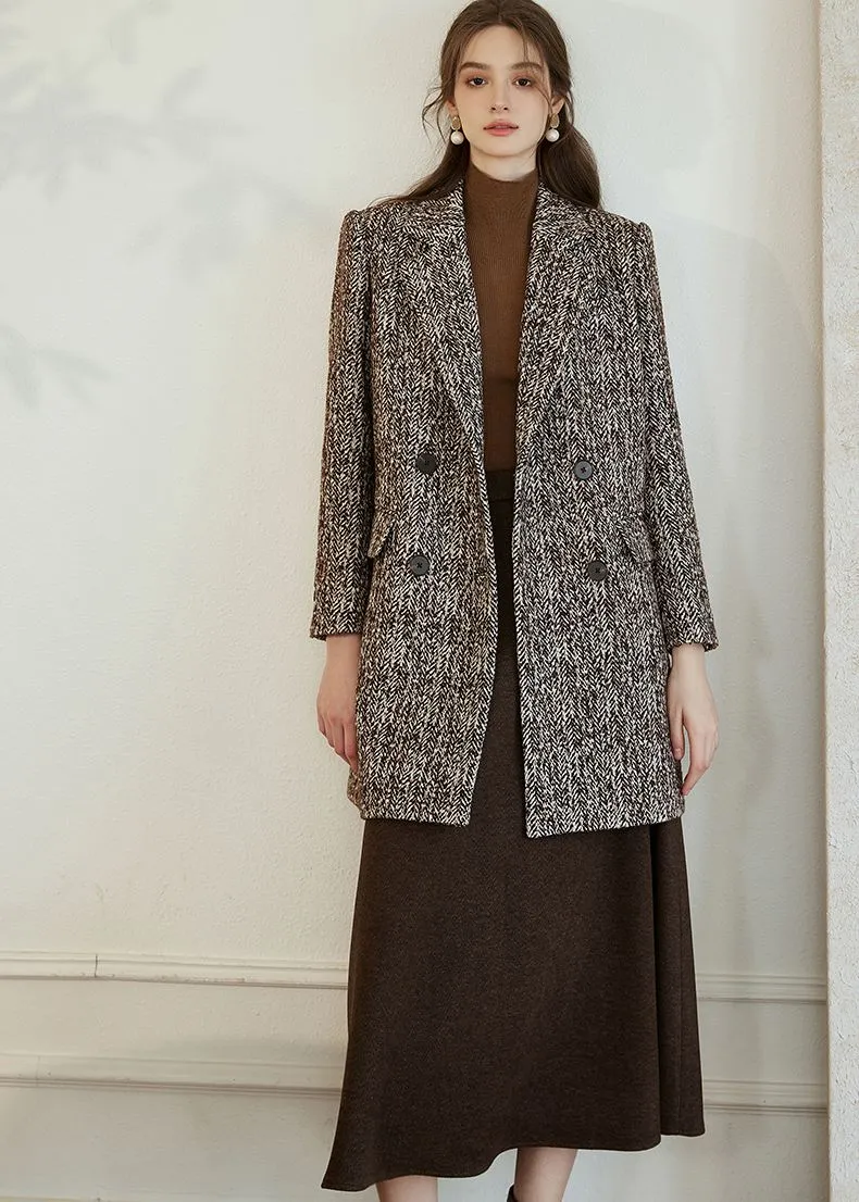 Double Breasted Wool Blend Tweed Pea Coat