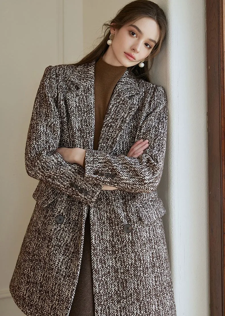 Double Breasted Wool Blend Tweed Pea Coat
