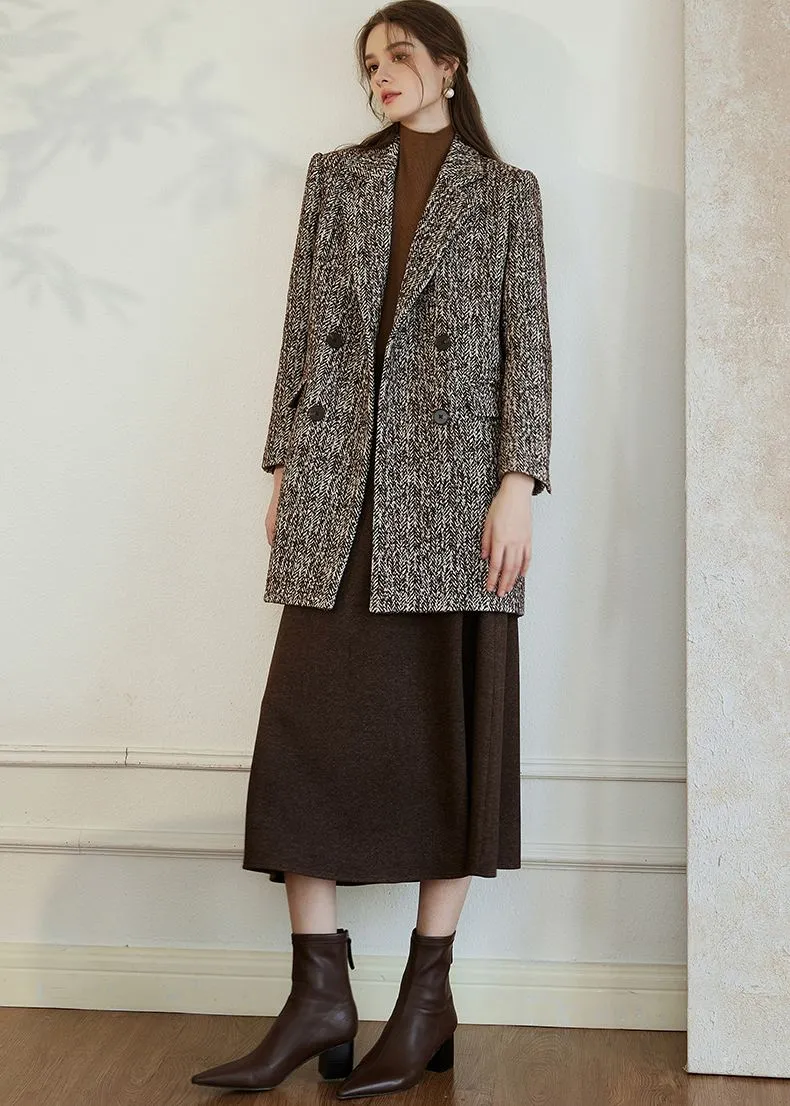 Double Breasted Wool Blend Tweed Pea Coat