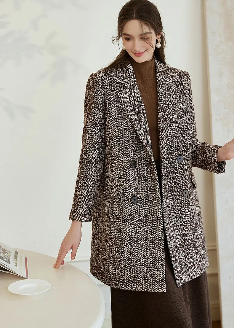 Double Breasted Wool Blend Tweed Pea Coat
