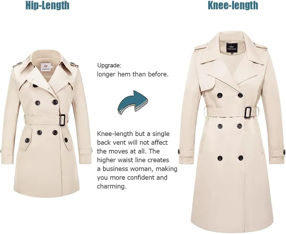 FARVALUE Women's Long Trenchcoat Double Breasted Trench Coat Water Resistant Classic Peacoat with Belt