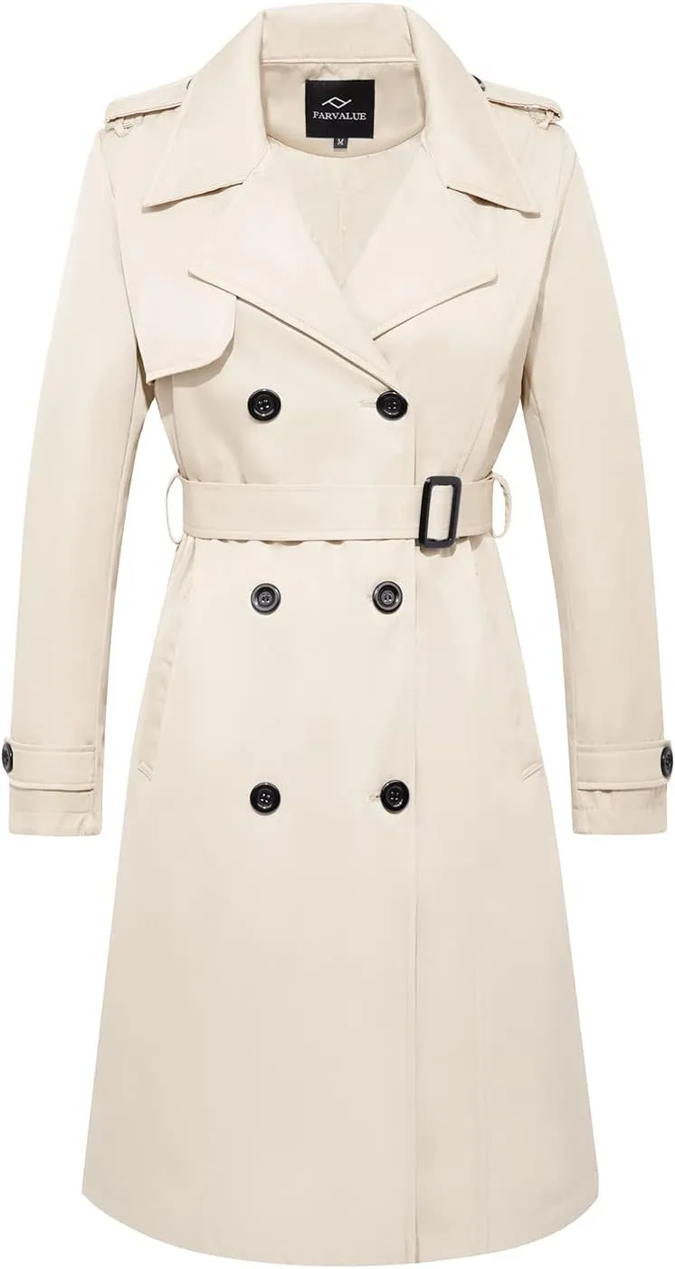 FARVALUE Women's Long Trenchcoat Double Breasted Trench Coat Water Resistant Classic Peacoat with Belt