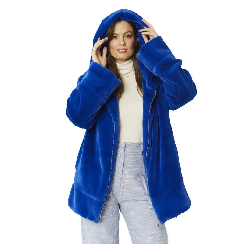 Faux Fur Oversized Hooded Jacket Blue