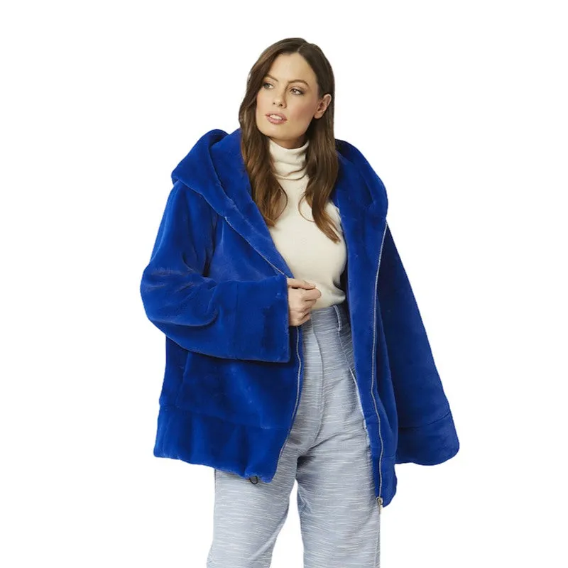 Faux Fur Oversized Hooded Jacket Blue