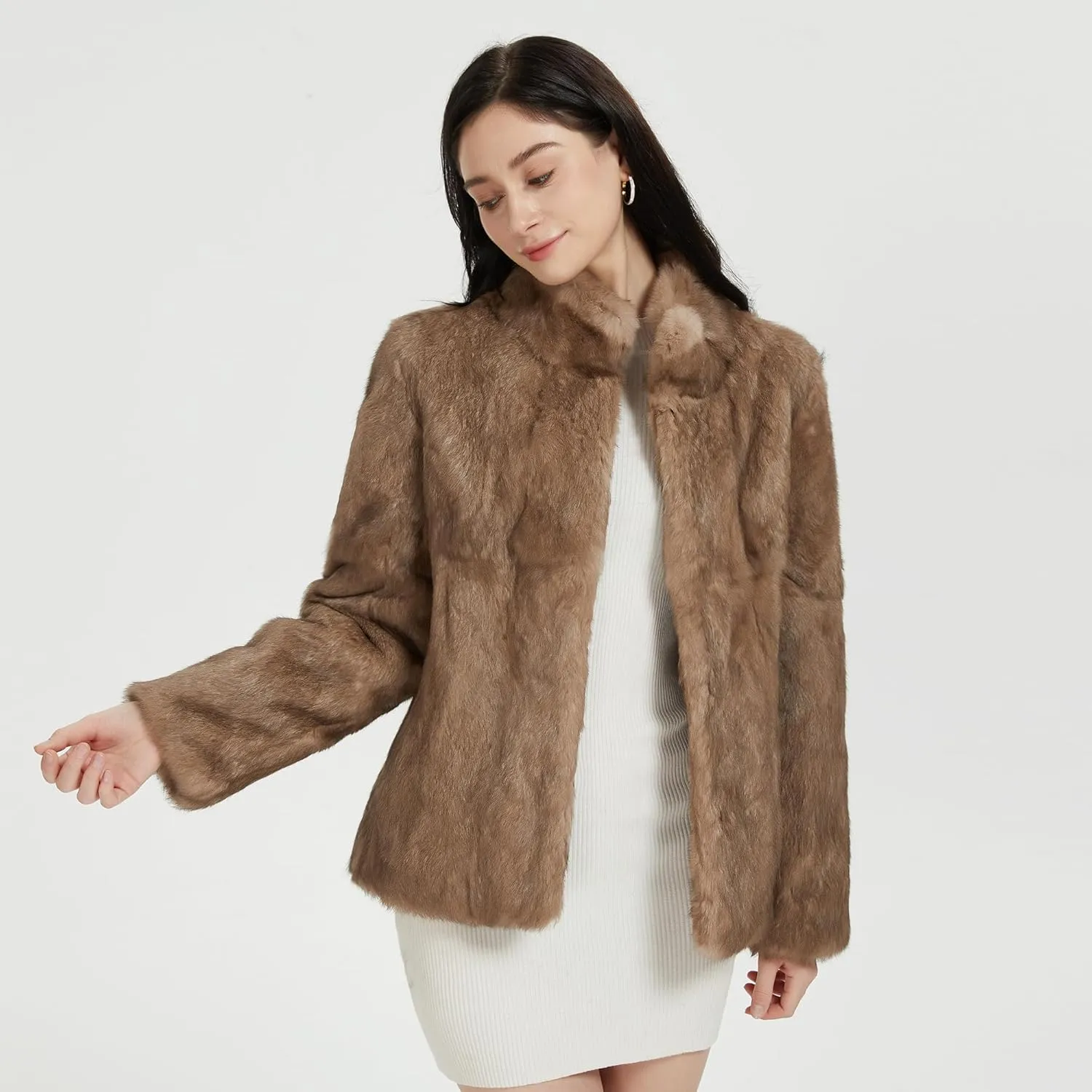 Fur Story Women's Genuine Rabbit Fur Coat Fuzzy Warm Fur Jacket Winter Outware
