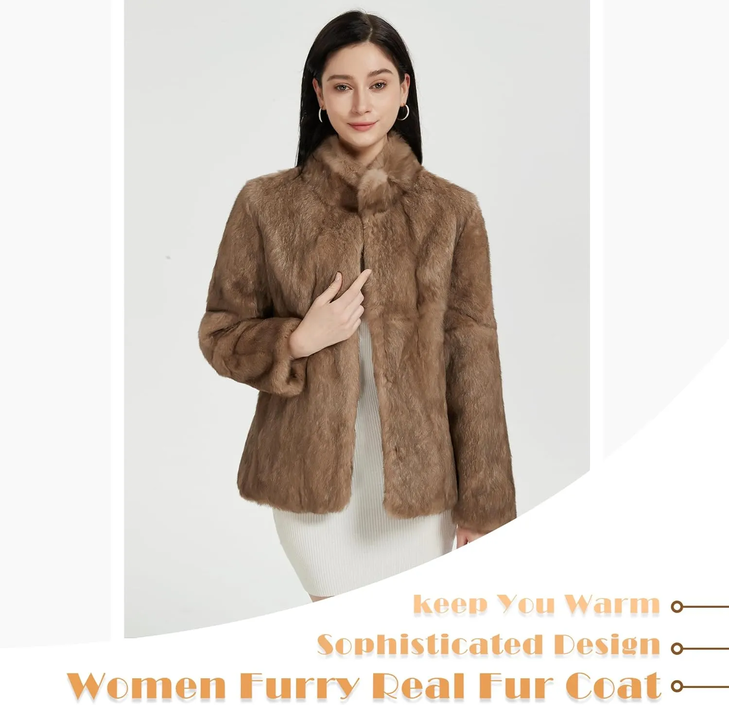 Fur Story Women's Genuine Rabbit Fur Coat Fuzzy Warm Fur Jacket Winter Outware