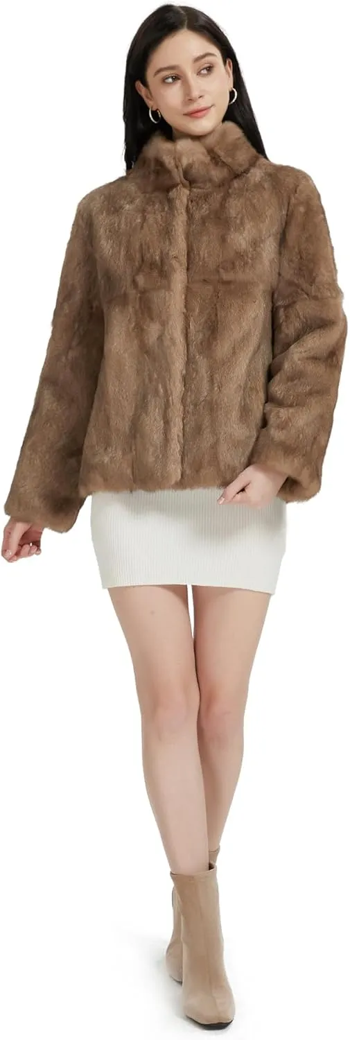 Fur Story Women's Genuine Rabbit Fur Coat Fuzzy Warm Fur Jacket Winter Outware