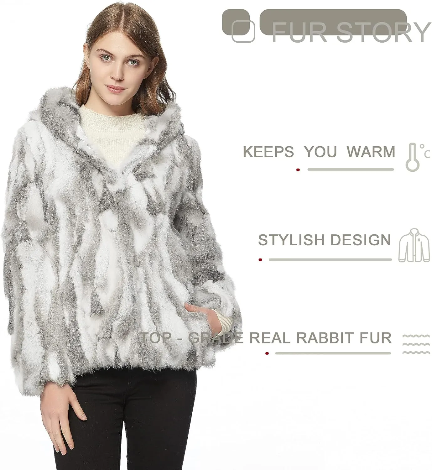 Fur Story Women's Genuine Rabbit Fur Coat Fuzzy Warm Fur Jacket Winter Outware