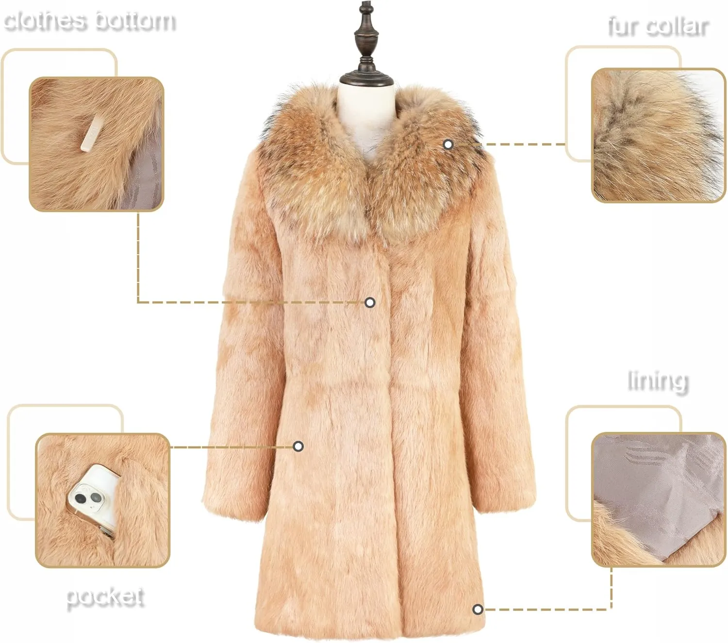 Fur Story Women's Genuine Rabbit Fur Coat Fuzzy Warm Fur Jacket Winter Outware