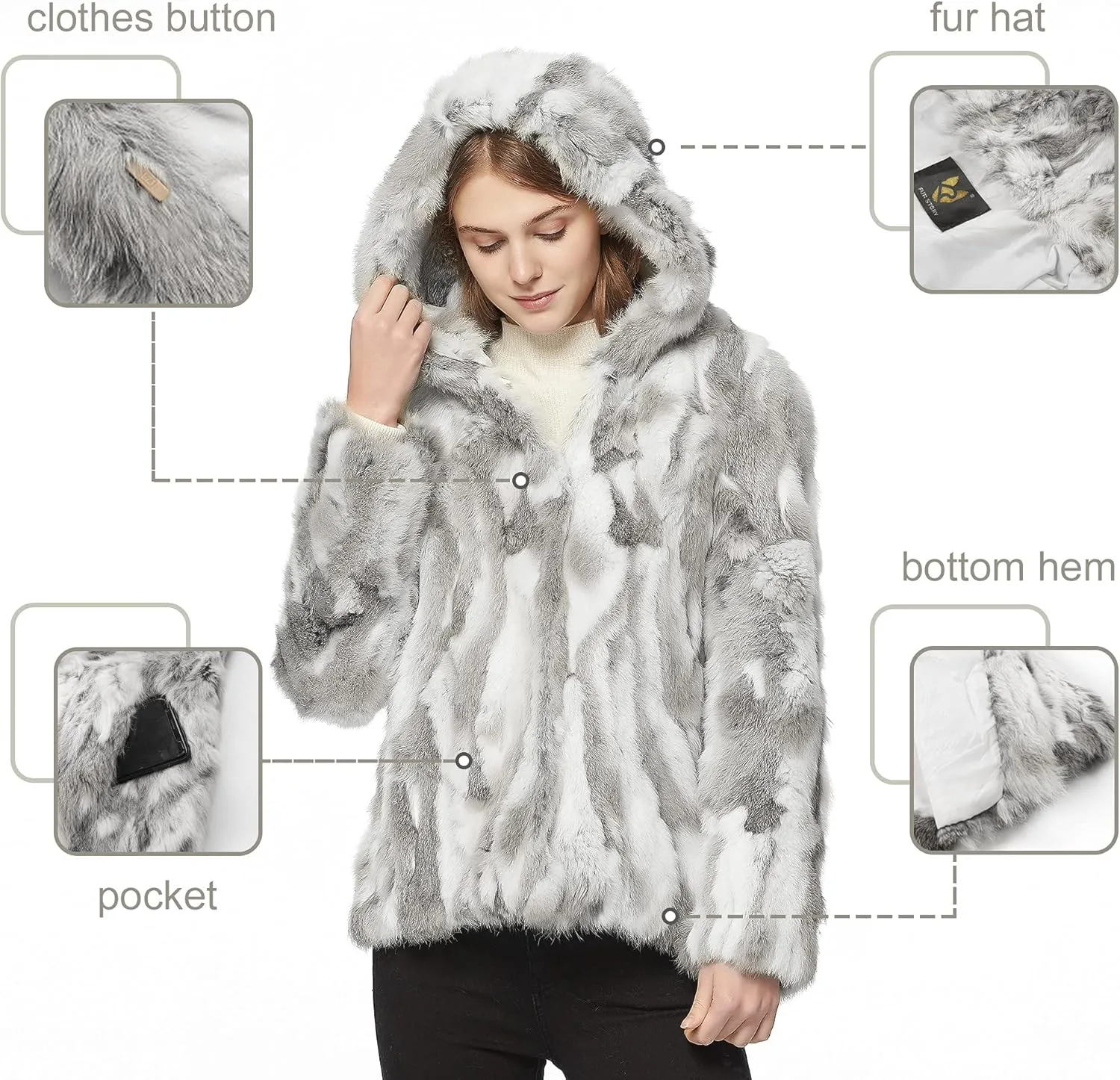 Fur Story Women's Genuine Rabbit Fur Coat Fuzzy Warm Fur Jacket Winter Outware