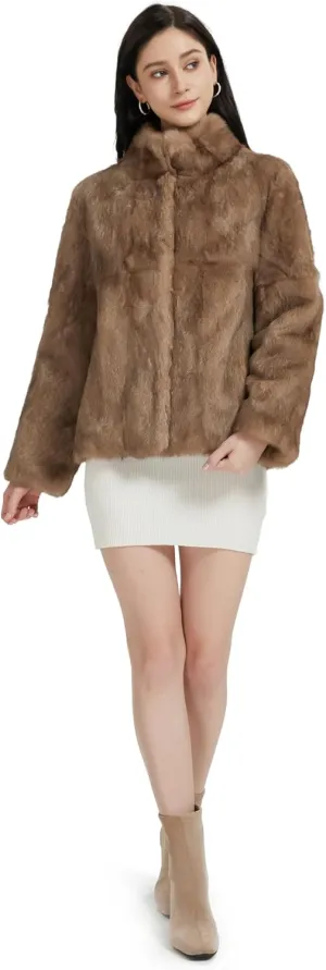 Fur Story Women's Genuine Rabbit Fur Coat Fuzzy Warm Fur Jacket Winter Outware