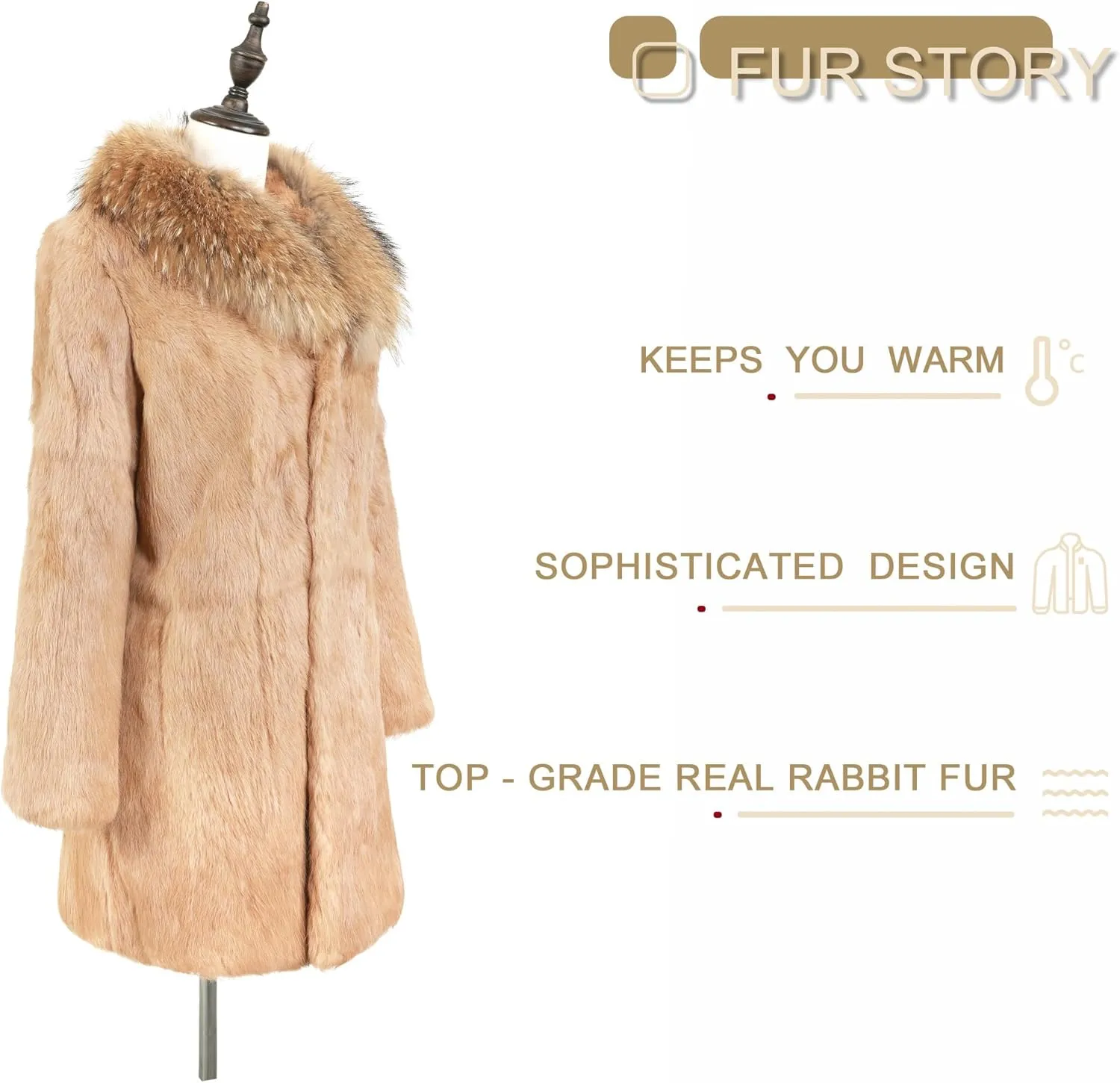 Fur Story Women's Genuine Rabbit Fur Coat Fuzzy Warm Fur Jacket Winter Outware