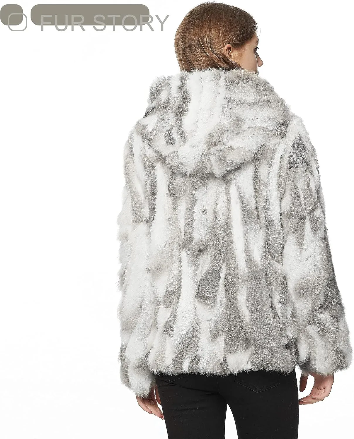 Fur Story Women's Genuine Rabbit Fur Coat Fuzzy Warm Fur Jacket Winter Outware