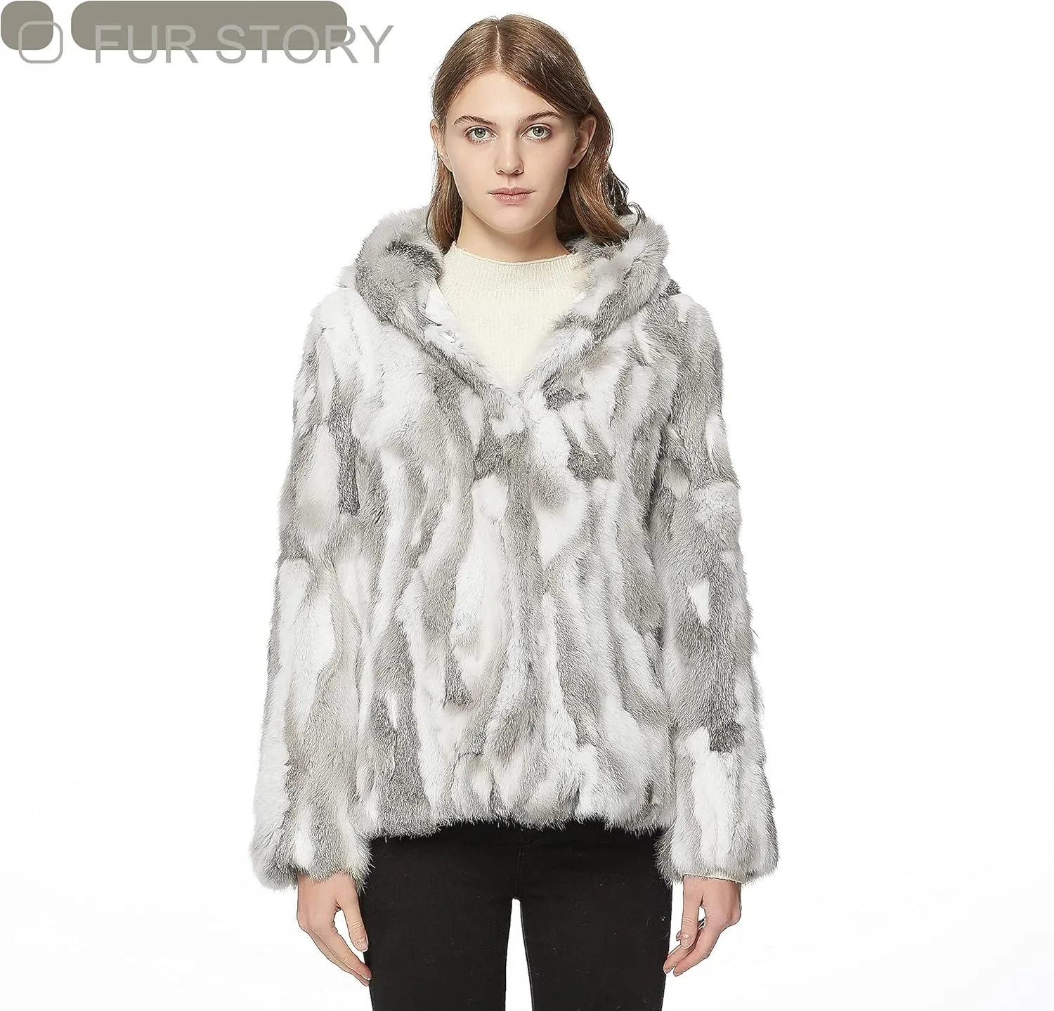 Fur Story Women's Genuine Rabbit Fur Coat Fuzzy Warm Fur Jacket Winter Outware