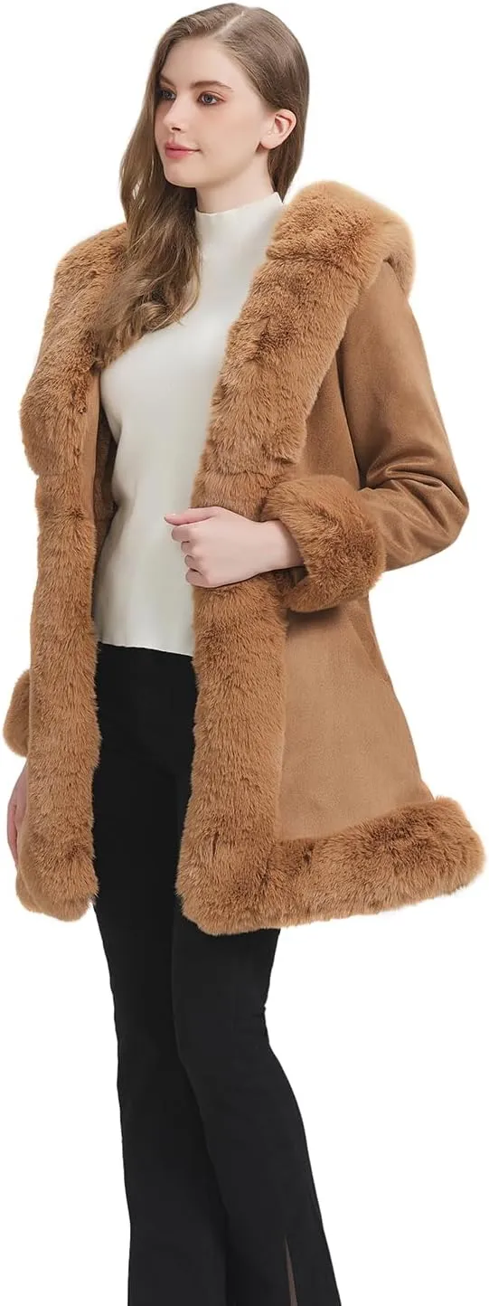 GRAN ORIENTE Suede Jacket for Women with Faux Fur Collar,Long Sleeve Warm Winter Parka Coat with Belt Outerwear