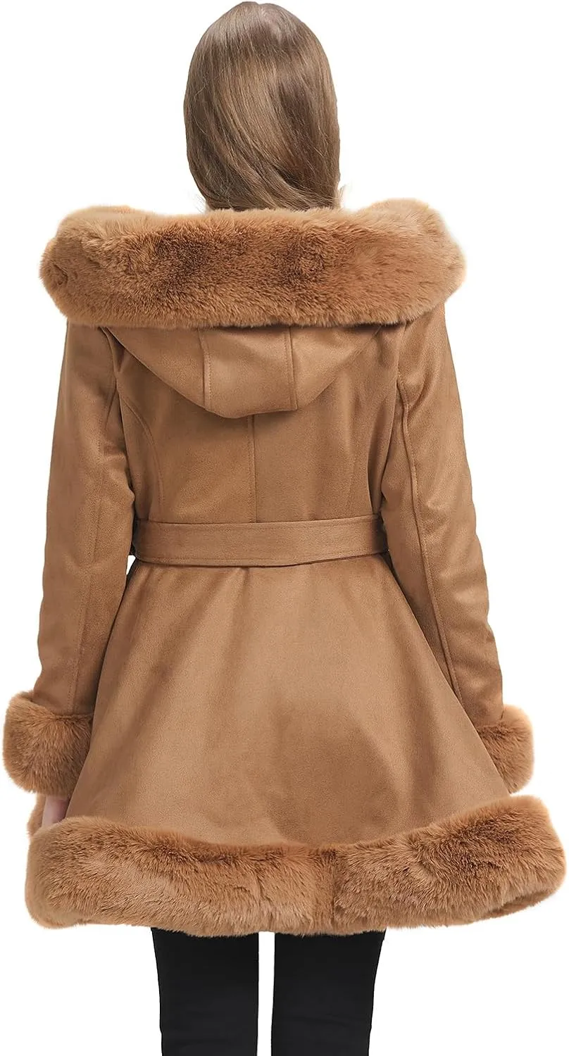 GRAN ORIENTE Suede Jacket for Women with Faux Fur Collar,Long Sleeve Warm Winter Parka Coat with Belt Outerwear