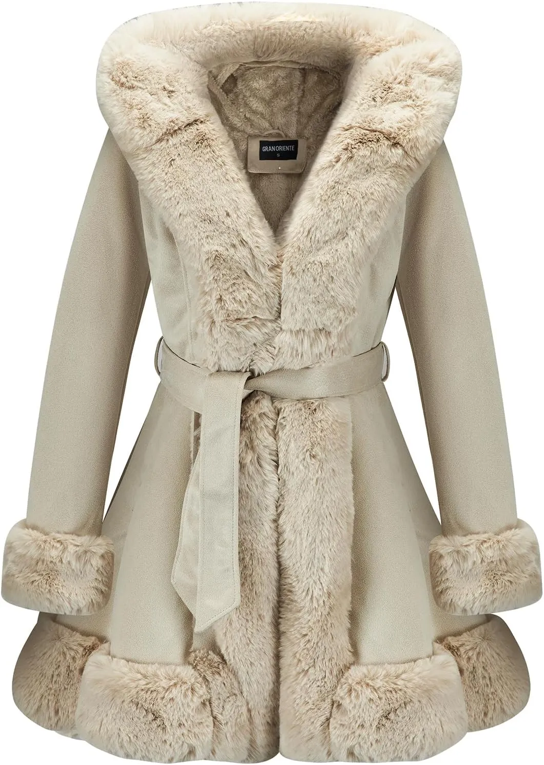 GRAN ORIENTE Suede Jacket for Women with Faux Fur Collar,Long Sleeve Warm Winter Parka Coat with Belt Outerwear