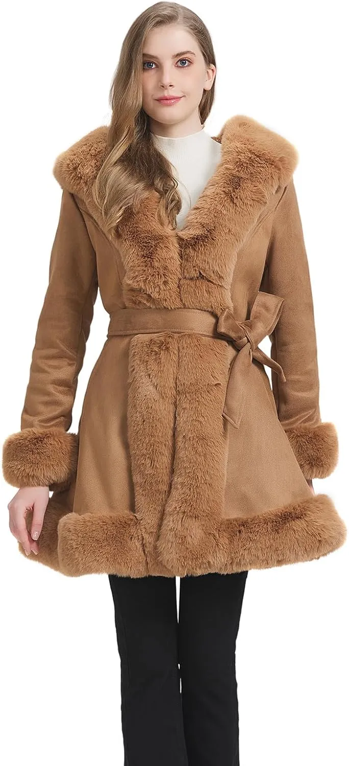 GRAN ORIENTE Suede Jacket for Women with Faux Fur Collar,Long Sleeve Warm Winter Parka Coat with Belt Outerwear