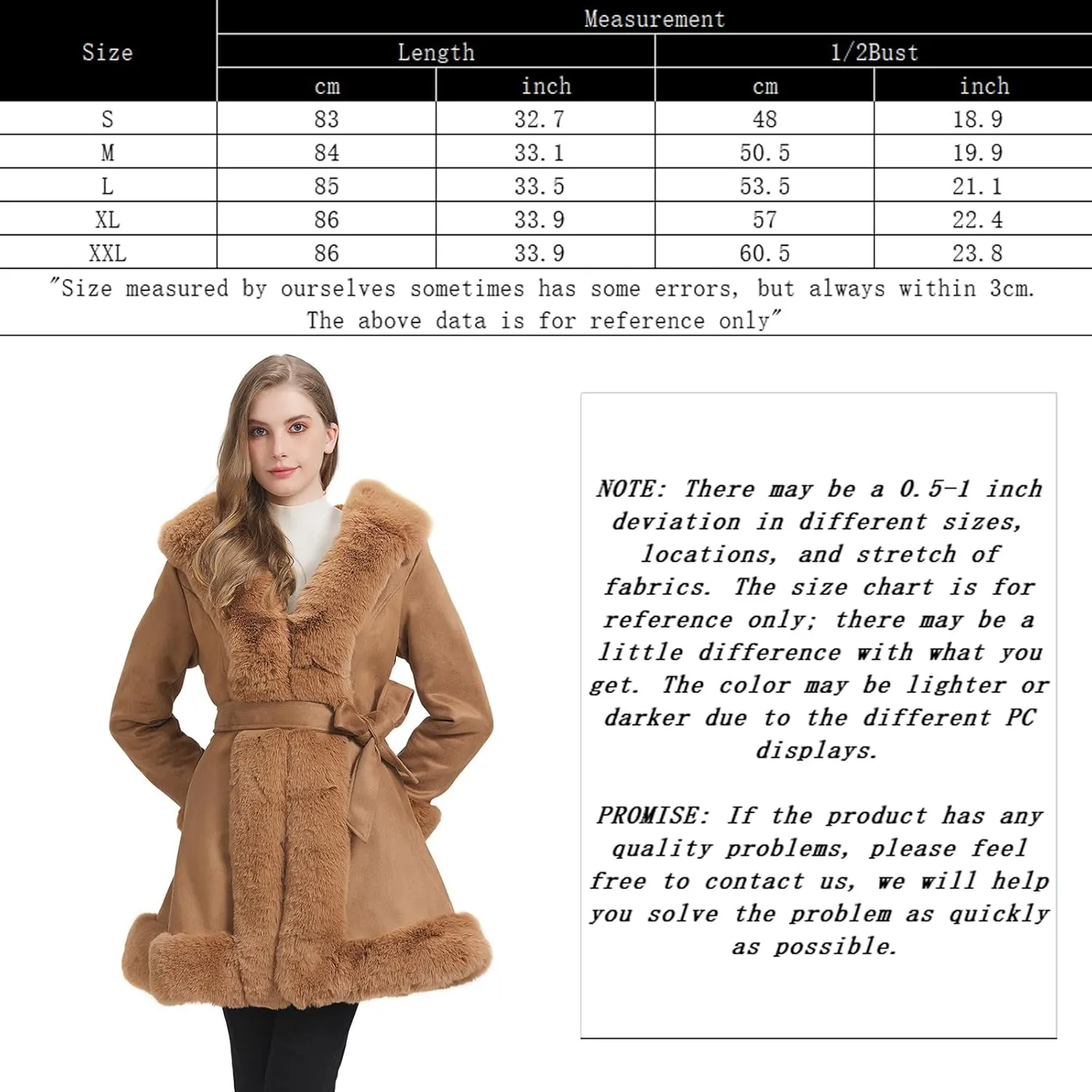 GRAN ORIENTE Suede Jacket for Women with Faux Fur Collar,Long Sleeve Warm Winter Parka Coat with Belt Outerwear