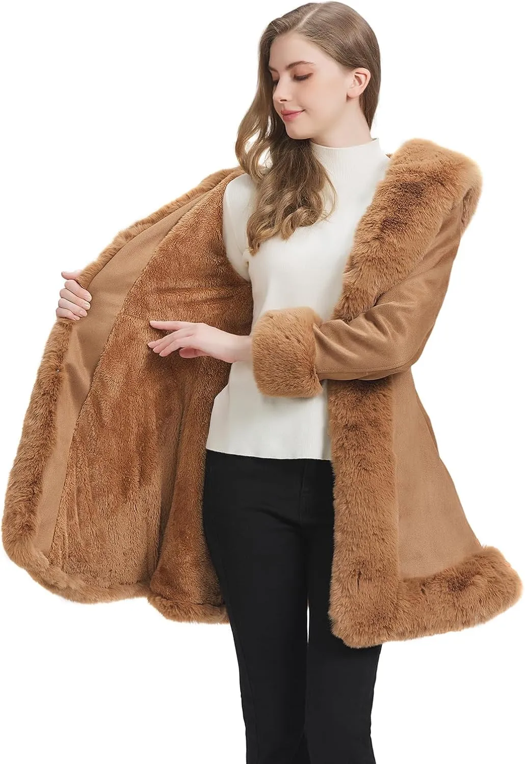 GRAN ORIENTE Suede Jacket for Women with Faux Fur Collar,Long Sleeve Warm Winter Parka Coat with Belt Outerwear