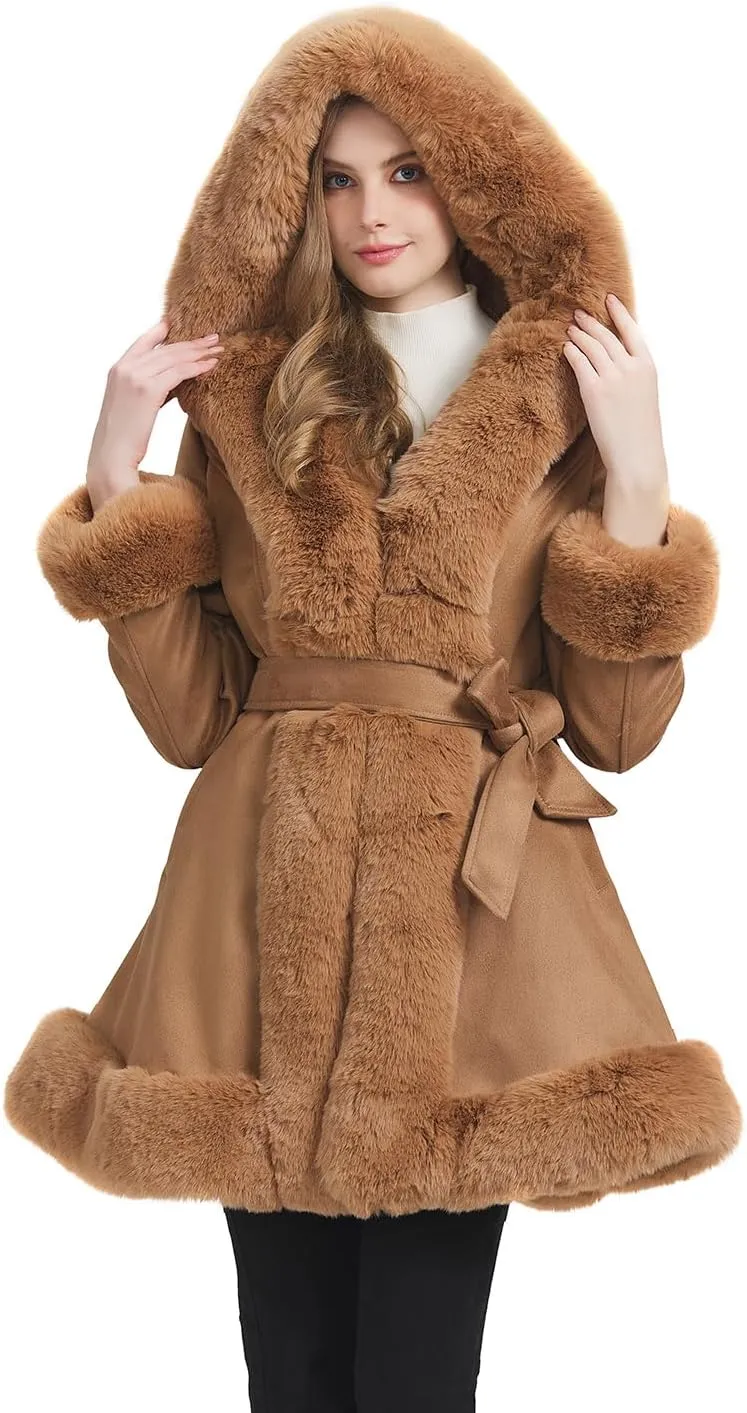 GRAN ORIENTE Suede Jacket for Women with Faux Fur Collar,Long Sleeve Warm Winter Parka Coat with Belt Outerwear