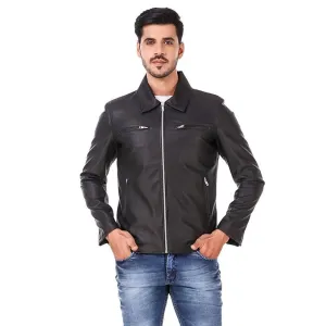 Hooded Faux Leather Biker Jacket for Men with Zip Closure
