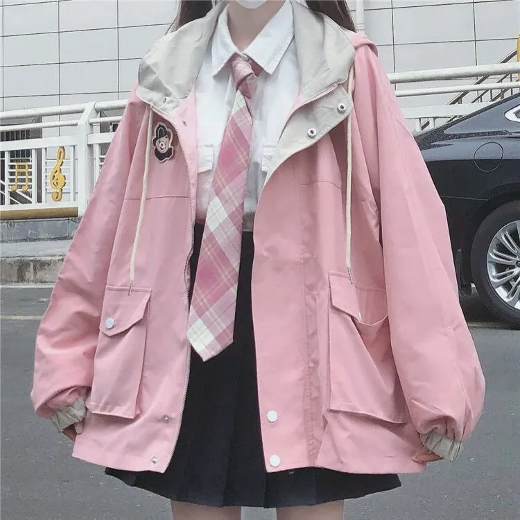 Hooded Jacket With Bear Embroidery