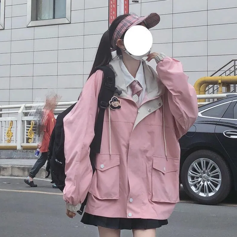 Hooded Jacket With Bear Embroidery