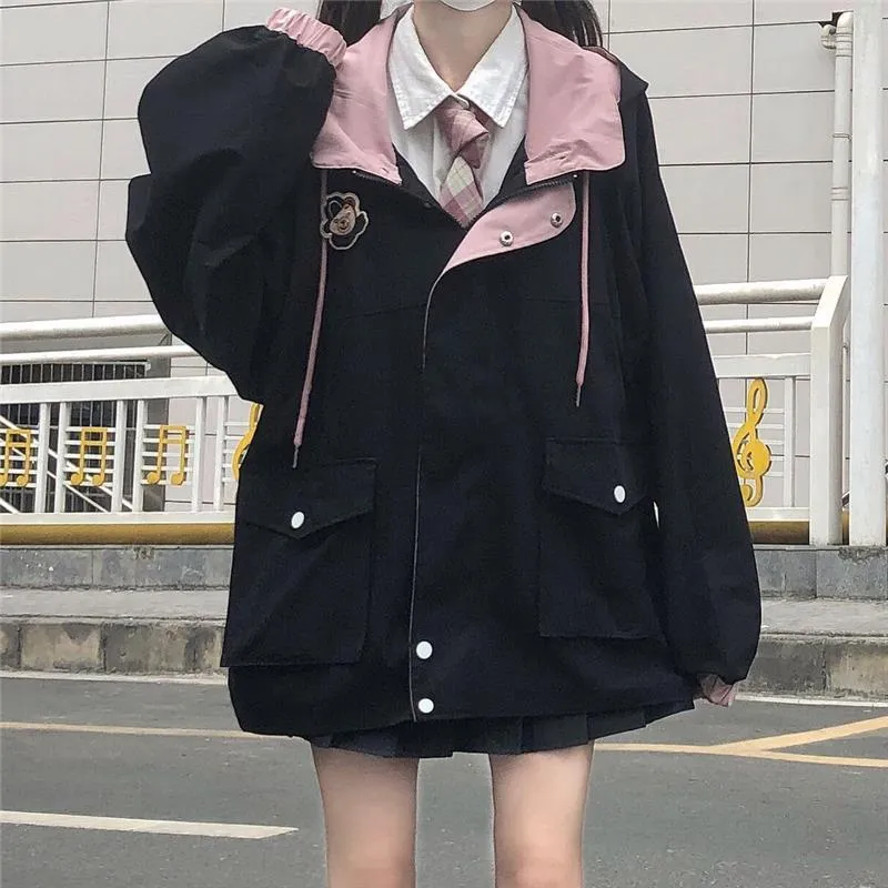 Hooded Jacket With Bear Embroidery