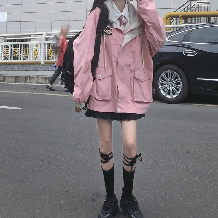 Hooded Jacket With Bear Embroidery