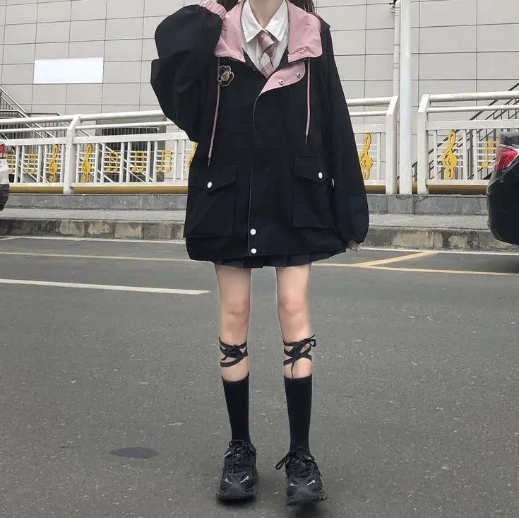 Hooded Jacket With Bear Embroidery
